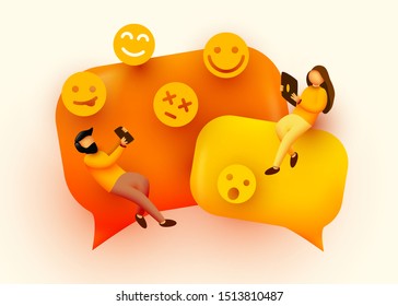 Small people flying around chat bubbles and emoji signs. Talking couple. Online messenger concept. Vector illustration.