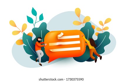 Small people flying around chat bubble. Talking couple. Online messenger or contacts sign concept. Vector illustration.