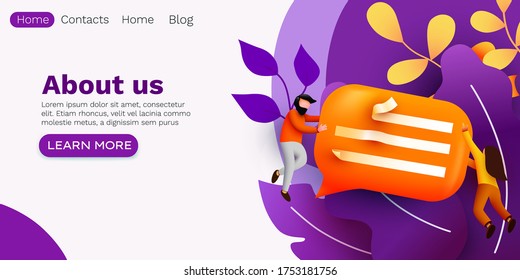 Small people flying around chat bubble. Talking couple. Online messenger or contacts sign concept. Vector illustration.