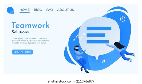 Small people flying around chat bubble. Talking couple. Online messenger or contacts sign concept. Vector illustration.