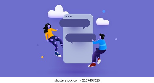 Small people flying around chat window. Talking couple. Online messenger or contacts sign concept. Vector illustration.