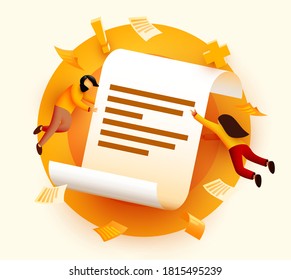 Kleine Menschen fliegen um Papier herum. Vertrag oder Vertrag. Allgemeine Geschäftsbedingungen. Vektorgrafik.