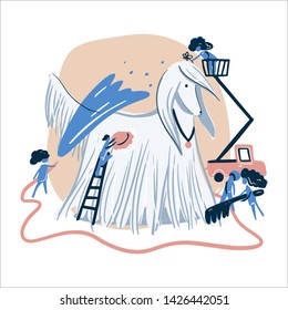 Small people and giant dog vector illustration. Afghan hound in the dog spa. Grooming salon concept.