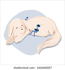 Small people and giant dog vector illustration concept. family leasure time with book and lovely puppy. 