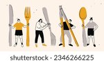 Small people with giant kitchen Utensils. Person holding fork, knife, spoon, chopsticks. Cute isolated characters. Cartoon style. Hand drawn Vector illustration. Food service, restaurant concept