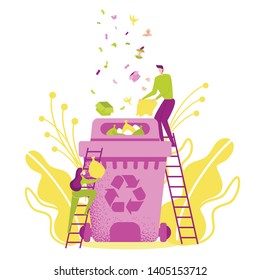 Small People Going up by Ladder to Put Rubbish into Big Bin. Environment Protection, Recycling, Reusing, Reducing Concept Flat Cartoon Vector Illustration. Disposal Refuse Bin and Man Throwing Trash.
