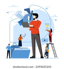 Small people help big people at work. Manager at remote workplace, looking for new ideas, solutions, working together in company, brainstorming, Vector illustration on white background.