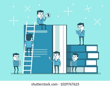 Small people and huge books poster design. Book readers club, education concept. Simple style vector illustration