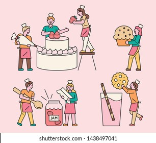 Small people are making a big dessert. flat design style minimal vector illustration