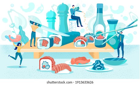 Small People Making Sushi. Man Controlling Process. Cooking Asian Food at Home or in Restaurant, Characters Preparing Meal, Man Slicing Roll with Salmon Fish at Kitchen Cartoon Vector Illustration.