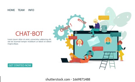 Small people, men and women sitting and lying down , chatting on the background of a large tablet, for a Website Or Mobile Applications, Artificial Intelligence Concept, Flat Vector Illustration