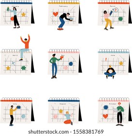 Small People Planning Important Events on Big Calendar Set, Time Management and Business Planning Comcept Vector Illustration