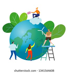 small people prepare for the day of the Earth, save the planet, save the world, Earth day,ecology concept vector illustration isolated on background