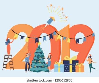Small people are preparing for the new year. Colorful vector illustration in flat cartoon style. Inscription New Year 2019. Christmas tree. Gift boxes. Fireworks. Santa hat.