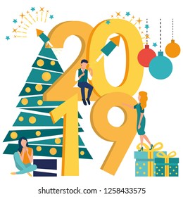 Small people are preparing for the new year, are engaged in decoration, the inscription New Year 2019. Christmas tree, gift box, fireworks. Vector illustration in a flat cartoon style. 