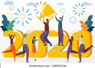 Small people are preparing for the new year, the inscription New Year 2020. change 2019 to 2020. Celebrate Happy new year 2020. vector illustration.