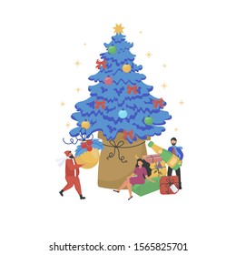 Small people are preparing for the New Year and Christmas and decorate Christmas tree. Vector illustration can use for web banner, card, web page.