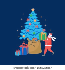 Small people are preparing for the New Year and Christmas and decorate Christmas tree. Vector illustration can use for web banner, card, web page.