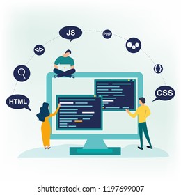 Small people programmers coding and correct errors in project. Screen with program code. Vector illustration in flat cartoon style. Can use for web banner, infographics, hero images. Business concept.