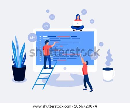 Small people programmers coding and correct errors in project. Laptop screen with program code. Trendy flat style. Vector illustration.