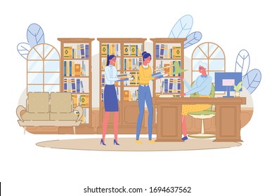 Small People Queue in Public Library or Bookstore. Two Young Woman Borrowing Book and Magazine for Reading or Learning. Librarian Sitting at Table. Bookcase Furniture. Vector Illustration