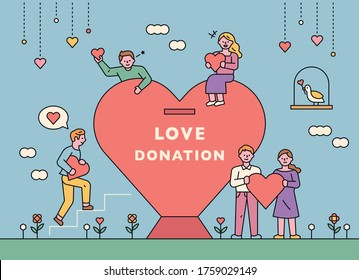 Small people are raising money around the huge heart piggy bank. flat design style minimal vector illustration.