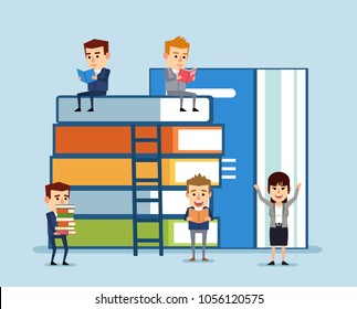 Small people reading and walking around huge stack of books. Book readers club. Flat design vector illustration