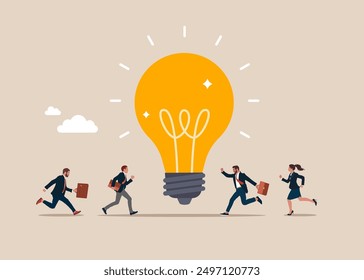 Small people  running towards big light bulb target. Flat vector illustration