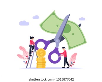 Small people with scissors cutting dollar together. Vector flat illustration of rate cut. Financial concept.