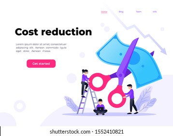 Small people with scissors cutting dollar together. Vector flat illustration of rate cut. Financial concept of cost reduction. Landing page template.