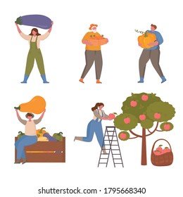 Small People set,  harvesting vegetables and fruit on farm and garden. Farming, harvesting, collecting apples. Agriculture vector illustrations set