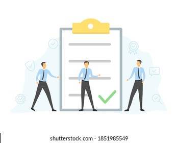 Small people showing and discussing data. Page with check mark. Success well done work. Teamwork concept. Vector illustration isolated on white.