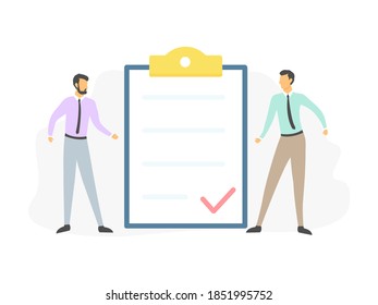 Pequeñas personas mostrando y discutiendo datos. Página con marca de verificación. Éxito bien hecho trabajo. Concepto de trabajo en equipo. Ilustración vectorial aislada en blanco.