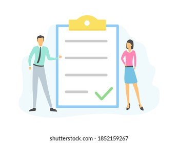 Small people showing and discussing data. Page with check mark. Success well done work. Teamwork concept. Vector illustration isolated on white.