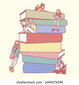 Small people sit around the pile of books and read. hand drawn style vector design illustrations. 