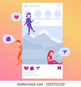 small people sit and stand on instagram post. send messages, like posts, comment. vector illustration.