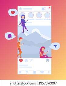Small people sit and stand on social media Instagram interface, send messages, like posts, comment. Flat vector illustration. Social network interface frame with flat icons. 