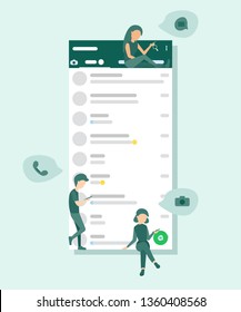 Small people sit and stand on social media interface, send messages, take pictures, to call. Flat vector illustration. Social network interface frame with flat icons. 