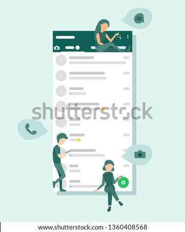 Small people sit and stand on social media interface, send messages, take pictures, to call. Flat vector illustration. Social network interface frame with flat icons. 