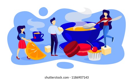 Small people with spoon make a cup of hot tea with lemon and sugar. Group of character making hot drink. Vector flat illustration