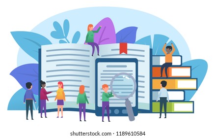 Small people stand near big books. Education, online reading, e-reader. Poster, card for presentation, web page, banner or social media. Flat design vector illustration