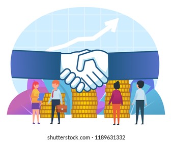 Small People Stand Near Big Hands Handshake. Business Deal, Agreement, Income Growth. Poster, Card For Presentation, Web Page, Banner, Social Media. Flat Design Vector Illustration