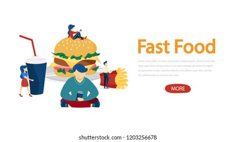 Small people standing around giant fast food horizontal banner. Hamburger and french fries. Junk unhealthy food and soda drink. Flat vector illustration