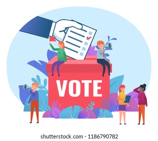 Small people standing near big voting box. Vote, election campaign, agitate. Business poster for presentation, social media, banner, web page. Flat design vector illustration