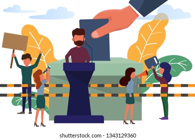 Small people standing near big voting box. Business poster for presentation, Vote, election campaign, agitate. Flat design vector illustration