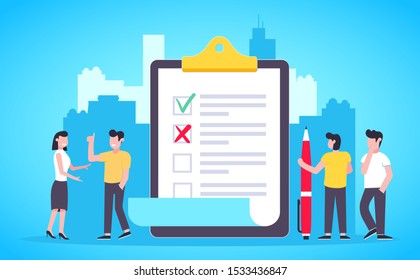 Small people standing near big clipboard and filling out check marks and crosses on the document with big pen flat style design vector illustration. Business work and teamwork concept.
