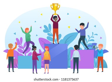 Small people standing on pedestal celebrating victory. Man holding golden cup, winner, celebration. Business poster for presentation, social media, banner, web page. Flat design vector illustration