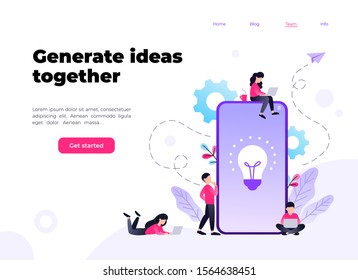 Small people standing and sitting around big smartphone.. Coworking, teamwork, generating ideas. Vector violet palette illustration on white background