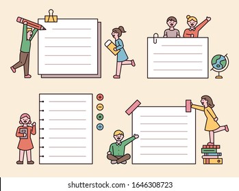  Small people taking notes around large notes. flat design style minimal vector illustration.