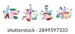 Small people using ladders and working with oversized medicine boxes and pharmaceutical containers. Workers siting on packages, doctors inspecting products. Vector medication supplies